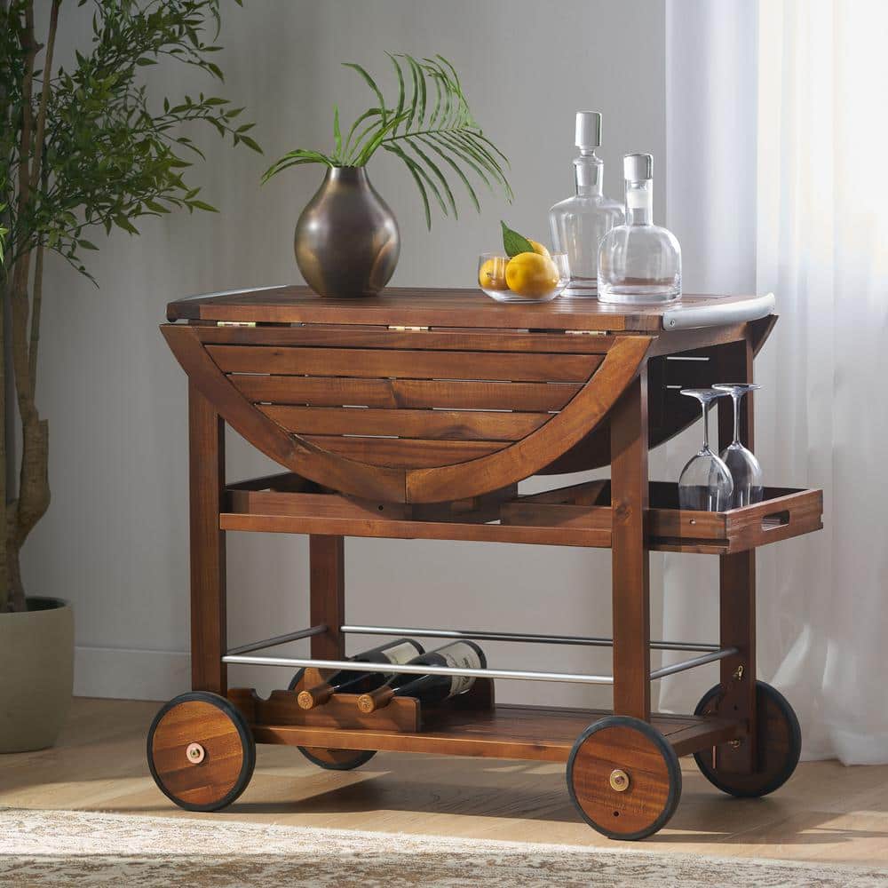 Outdoor Wood Bar Serving Cart Aluminum Accents, with Wheels and 2 Shelves, 