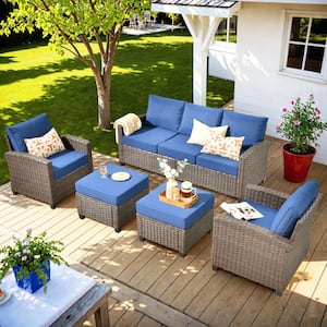 Palermo Brown 5-Piece Relaxing Modern Wicker Modular Outdoor Patio Conversation Sofa Set with Navy Blue Cushions