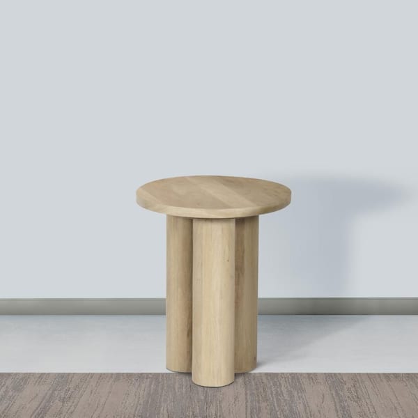 THE URBAN PORT Hazel 17.7 in. Natural Brown Round Mango Wood End Table with 3 Pillar Legs, Handcrafted Design