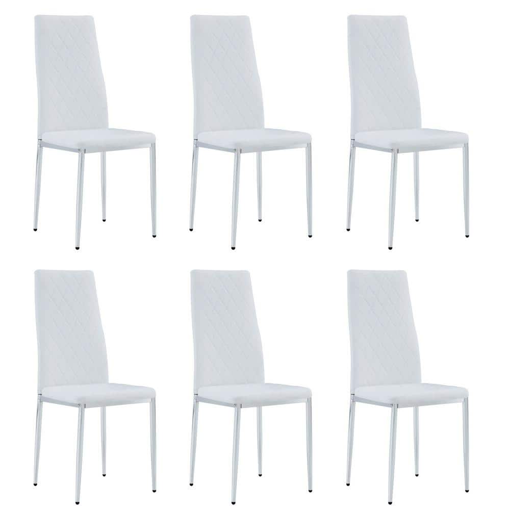 White PU Leather Checkered Armless High Back Dining Chair with Metal Legs f