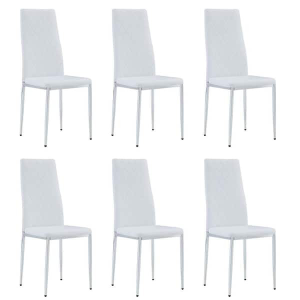 Angel Sar White PU Leather Checkered Armless High Back Dining Chair with Metal Legs for Restaurants and Living Rooms (Set of 6)