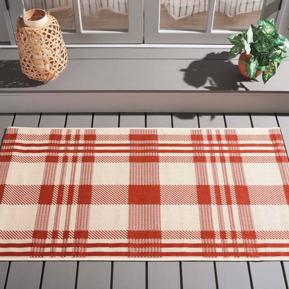 Courtyard Chic Red/Bone Rectangular Easy-Care Area Rug, 2'7" x 5'