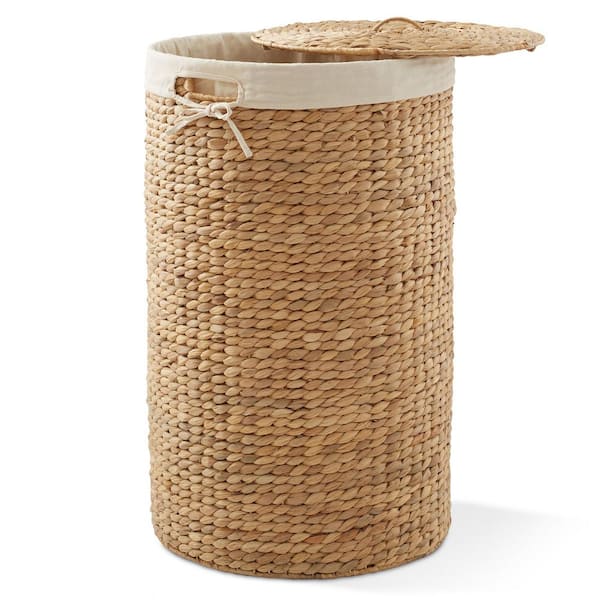 Brown Natural 16 in. x 27 in. Wicker Water Hyacinth Decorative Baskets Round Laundry Hamper with Lid and Liner