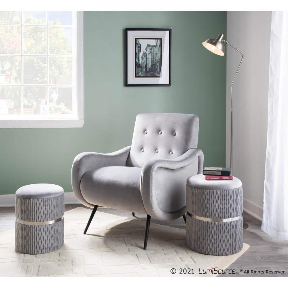 Silver Velvet and Chrome Round Nesting Ottoman Set