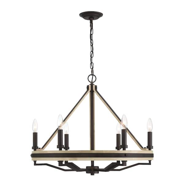 Minka Lavery - Sonoma 6-Light Dark Bronze with Natural Solid Oak Wood Wagon Wheel Chandelier for Dining Room, Kitchen No Bulbs Included
