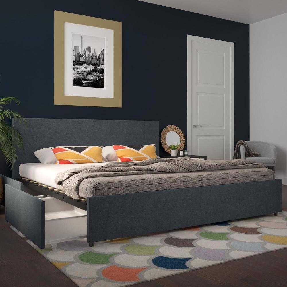 Navy Blue King Linen Upholstered Storage Bed with Tufted Headboard