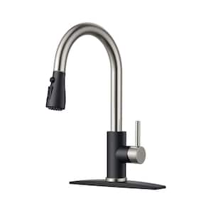 Single Handle Pull Down Sprayer Kitchen Sink Faucet with Deckplate Gooseneck Swivel Spout in Nickel and Black
