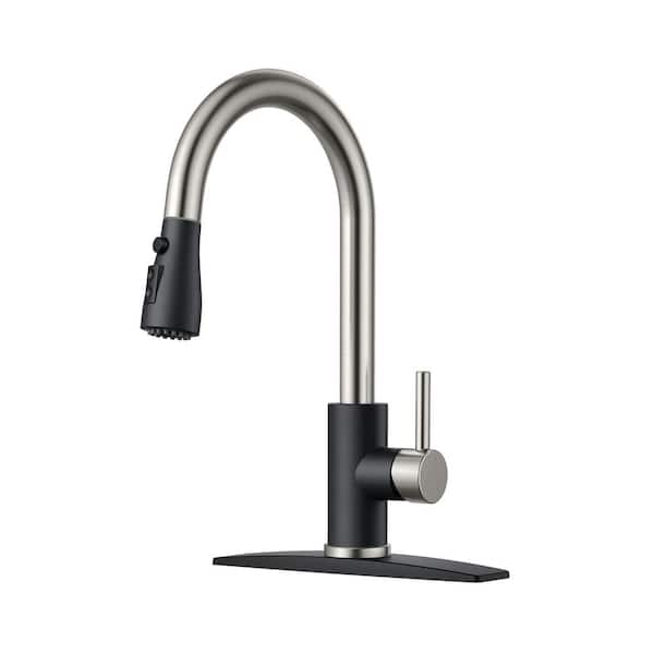 androme Single Handle Pull Down Sprayer Kitchen Sink Faucet with Deckplate Gooseneck Swivel Spout in Nickel and Black
