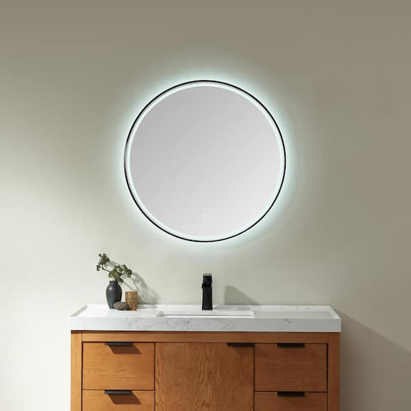 ROSWELL Campobasso 32 in. W x 32 in. H Round Framed LED Bathroom Vanity Mirror in Matt Black