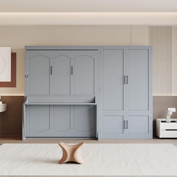 Gray Wood Frame Queen Size Murphy Bed Wall Bed with Closet and Shelves