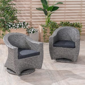 Larchmont Mixed Black Swivel Metal Outdoor Lounge Chair with Dark Grey Cushion (2-Pack)