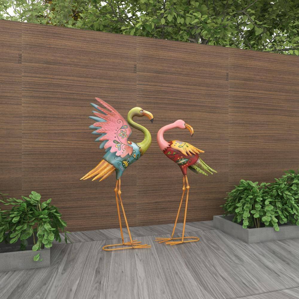 28" Multicolor Hand-Painted Metal Flamingo Garden Sculptures, Set of 2