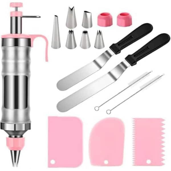 Cake Decorating Kit with Piping Gun, 6 Frosting Nozzles, Cream Scraper Set, Brushes, Spatulas, and Converters
