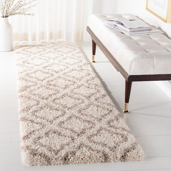 Hudson Shag 2 ft. x 10 ft. Ivory/Beige Geometric Multi-Trellis Runner Rug