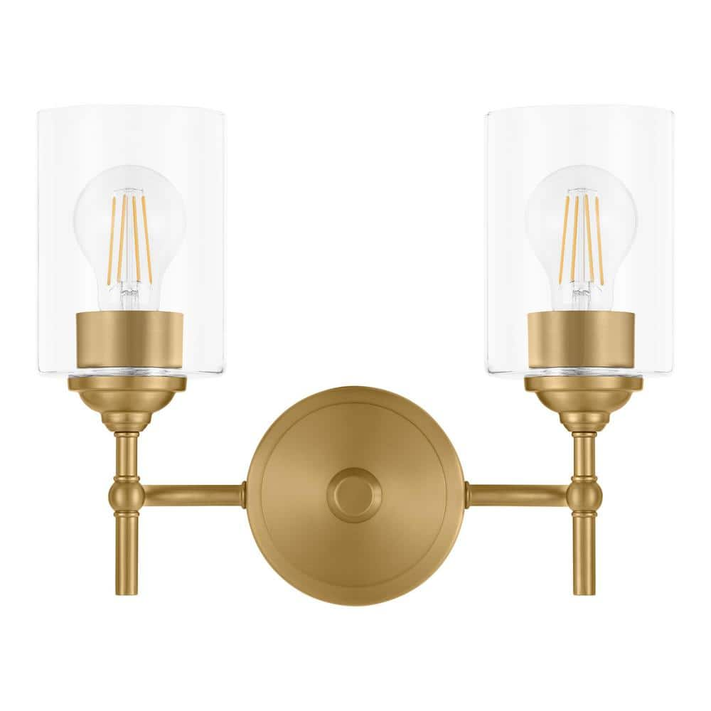 Home Decorators Collection Ayelen 13 in. 2-Light Matte Brass Bathroom Vanity Light with Clear Glass Shades