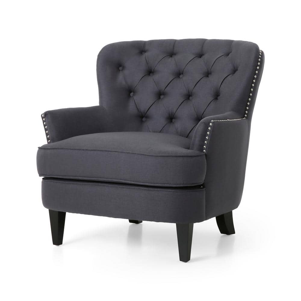 Handcrafted Dark Brown Wood & Gray Polyester Club Chair