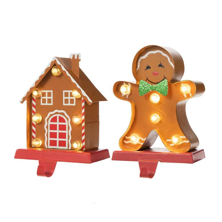 Glitzhome Marquee LED Gingerbread House and Gingerbread Man Christmas Stocking Holder (2-Count)