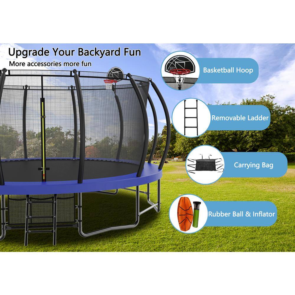 15FT Round Black and Blue Trampoline with Enclosure Net and Ladder
