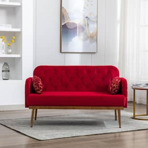 55 in. W Square Arm Velvet Straight Sofa Loverseat Couch in Red