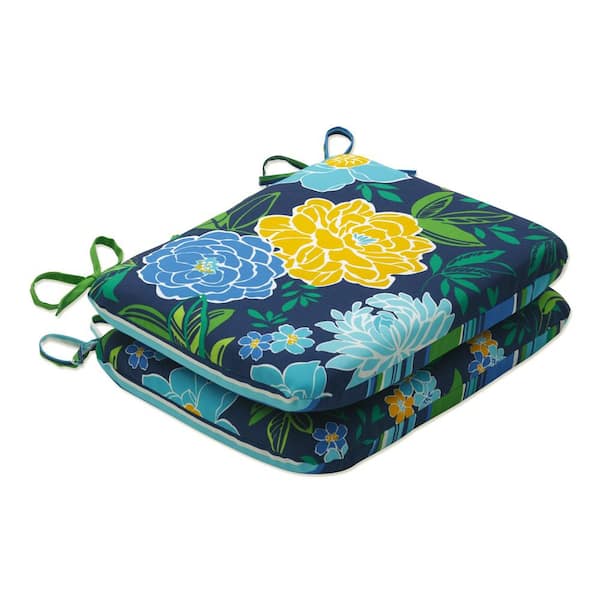 Pillow Perfect Striped 18.5 in. x 15.5 in. Outdoor Dining Chair Cushion in Blue/Yellow/White (Set of 2)