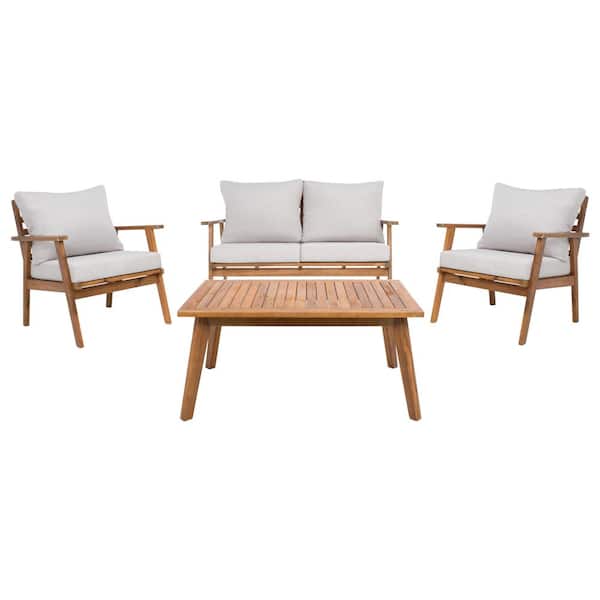 Castalia Natural 4-Piece Wood Patio Conversation Set with Light Gray Cushions