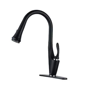 2-Spray Patterns Single Handle Pull Down Sprayer Kitchen Faucet with Deckplate and Water Supply Hoses in Matte Black