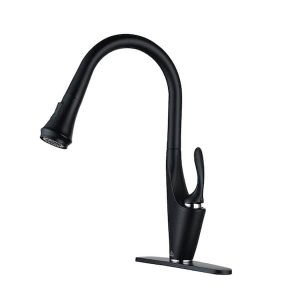 Boyel Living 2-Spray Patterns Single Handle Pull Down Sprayer Kitchen Faucet with Deckplate and Water Supply Hoses in Matte Black