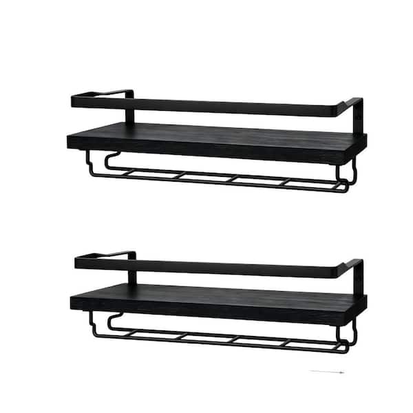 2-Piece 17 in. Black Wood Wall Mounted Wine Glass Rack with Stemware Hanger, Wine Bottle Glass Display Storage Holder
