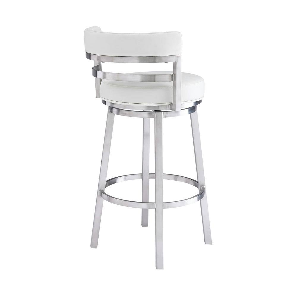 Madrid 30" White Faux Leather Swivel Bar Stool with Brushed Metal Frame