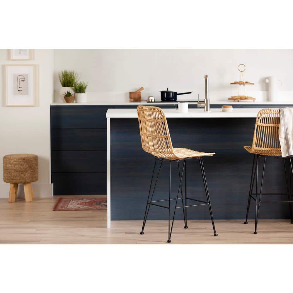 Handmade Rattan and Black Metal Counter Stools, Set of 2