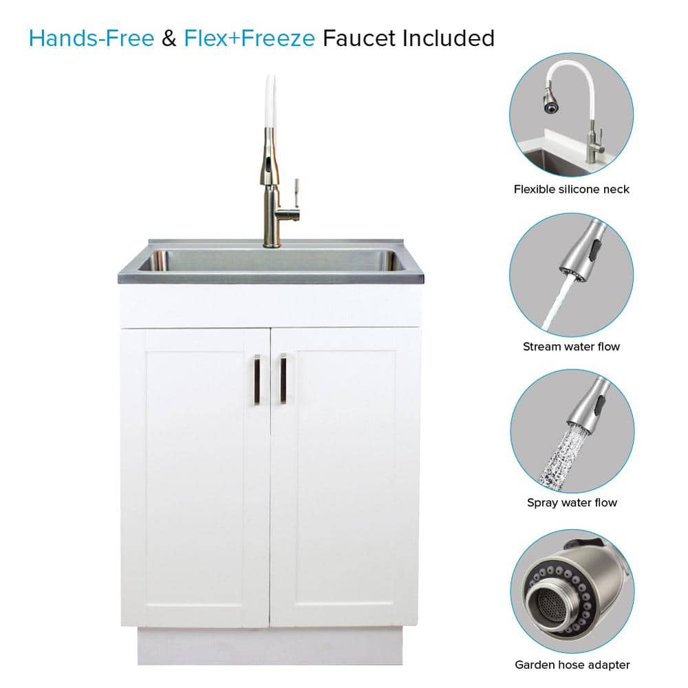 24-Inch White and Stainless Steel Freestanding Laundry Sink with Faucet