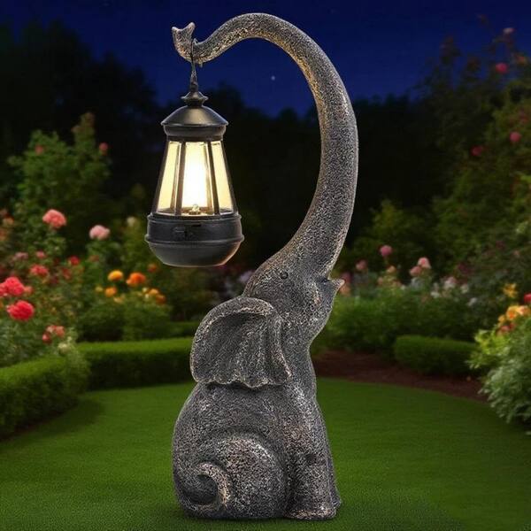 7 in. x 15 in. Gray Resin Elephant Garden Statue Solar Lights