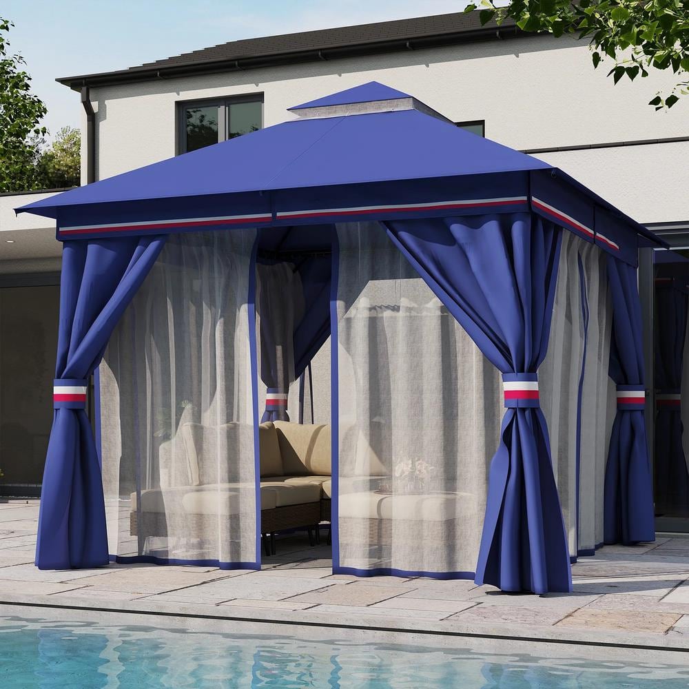 Classic Blue 10'x10' Iron Frame Patio Gazebo with Mosquito Netting