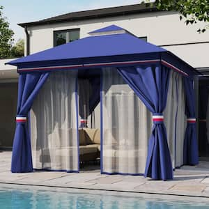 10 ft. x 10 ft. Classic Blue Patio Gazebo with Double Roof, Mosquito Nettings, and Privacy Screens