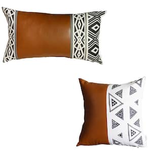 Brown Bohemian Handmade Vegan Faux Leather Mixed Geometric 12 in. x 20 in. and 17 in. x 17 in. Throw Pillow (Set of 2)