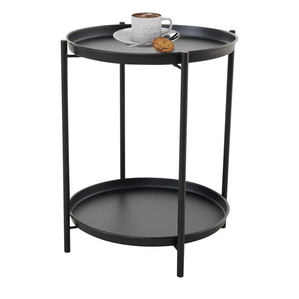 Black 2-Tier Outdoor Side Table Weather-Resistant Steel Round End Table wit