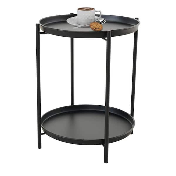 Dyiom Black 2-Tier Outdoor Side Table Weather-Resistant Steel Round End Table with Sturdiness