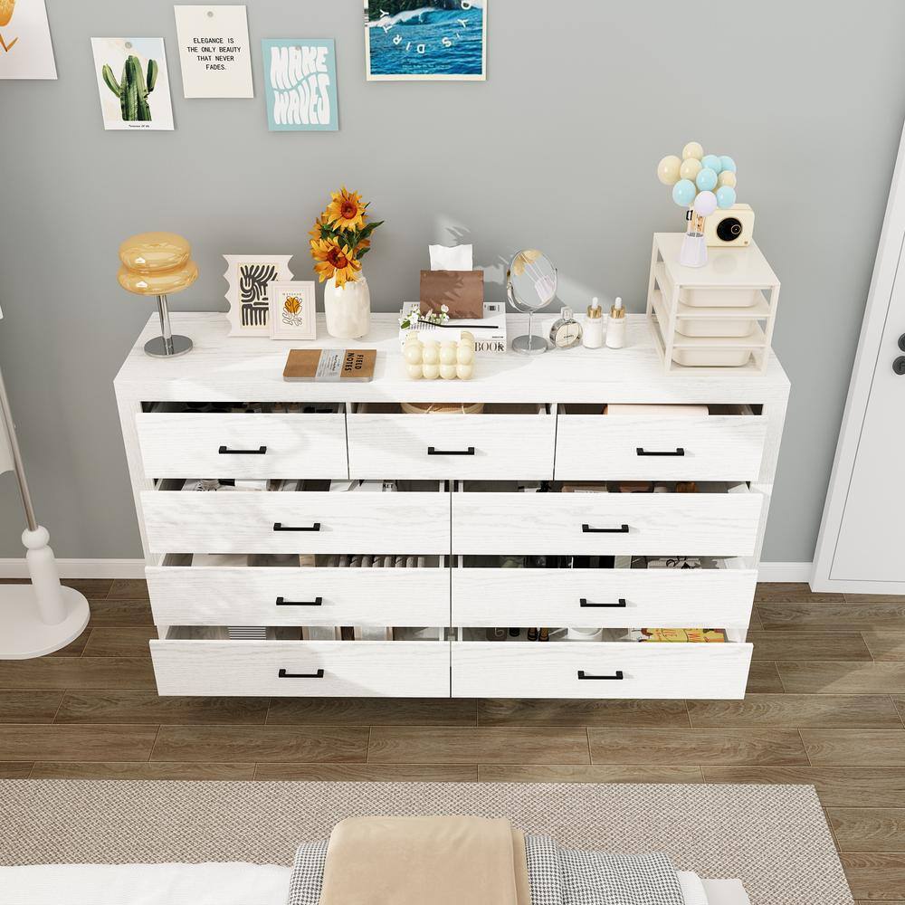 White Wood Grain 63 in. W Wooden Dresser, Chest of Drawers with 9-Drawers without Mirror - thumbnail 4