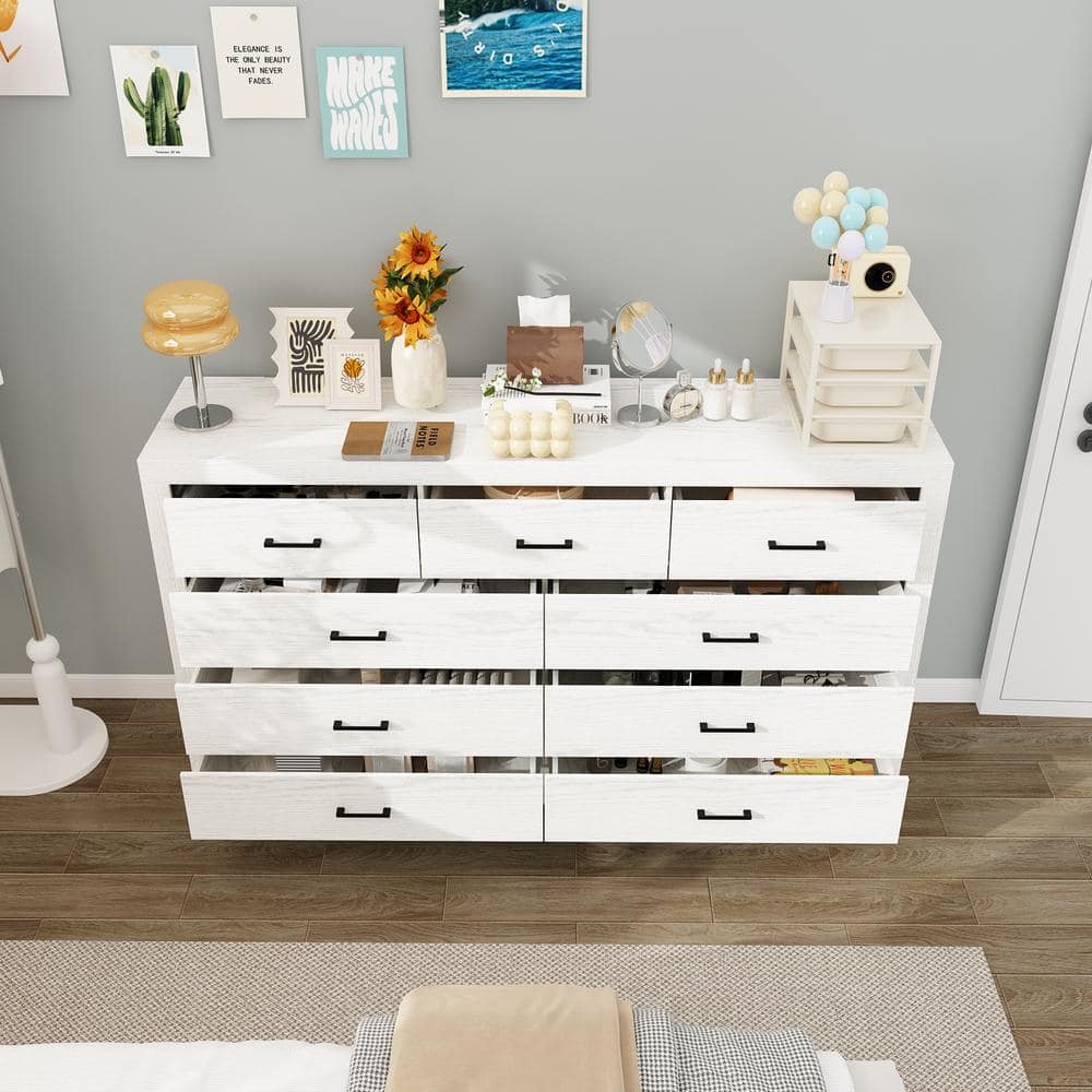 White Wood Grain 63 in. W Wooden Dresser, Chest of Drawers, Sideboard with 9-Drawers without Mirror - thumbnail 4