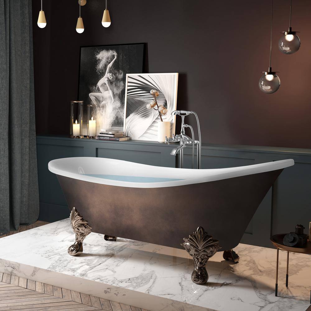 69'' Matte Antique Brass and White Acrylic Clawfoot Bathtub
