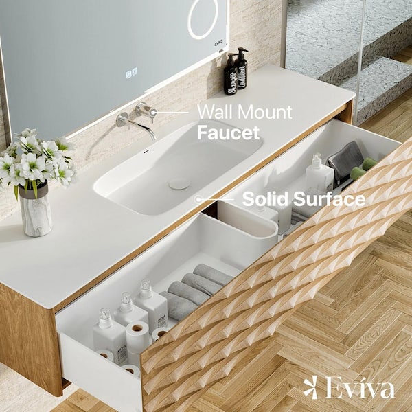 Eviva Oahu 55 inch Wall Mount Oak Vanity with Solid Surface Integrated Sink, Brown