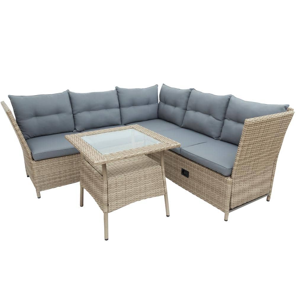 SIMPLE LIFE 4-Piece Wicker Outdoor Rattan Patio Talk Sofa Set With Gray Cus