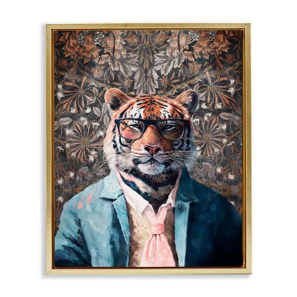Stupell Industries Stylish Tiger in Glasses by Svetlana Aleynikova Gold Floater Frame Animal Graphic Art Print 31 in. x 25 in.