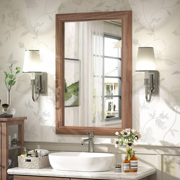 24 in. W x 36 in. H Rectangular Aluminum Alloy Framed and Tempered Glass Wall Bathroom Vanity Mirror in Dark Brown Wood