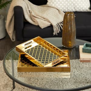 Gold Plastic Mirrored Geometric Decorative Tray (Set of 2)