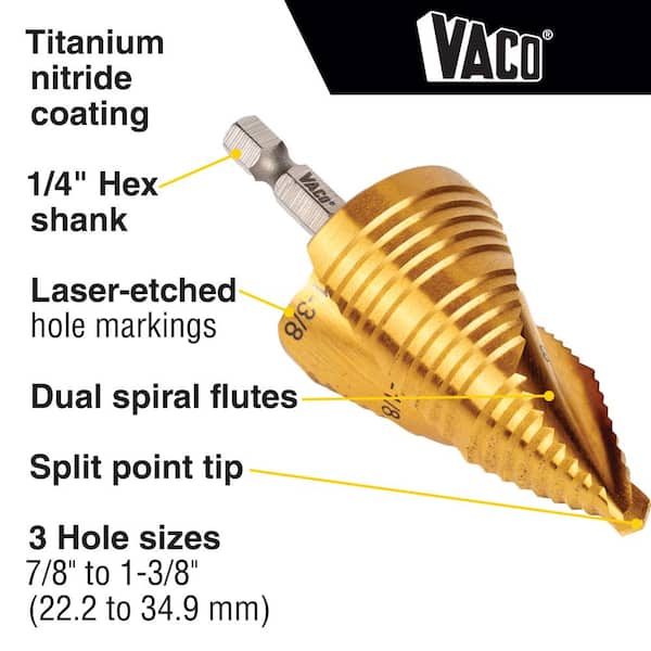 Step Bit Kit, Spiral Double-Fluted, VACO (3-Piece)