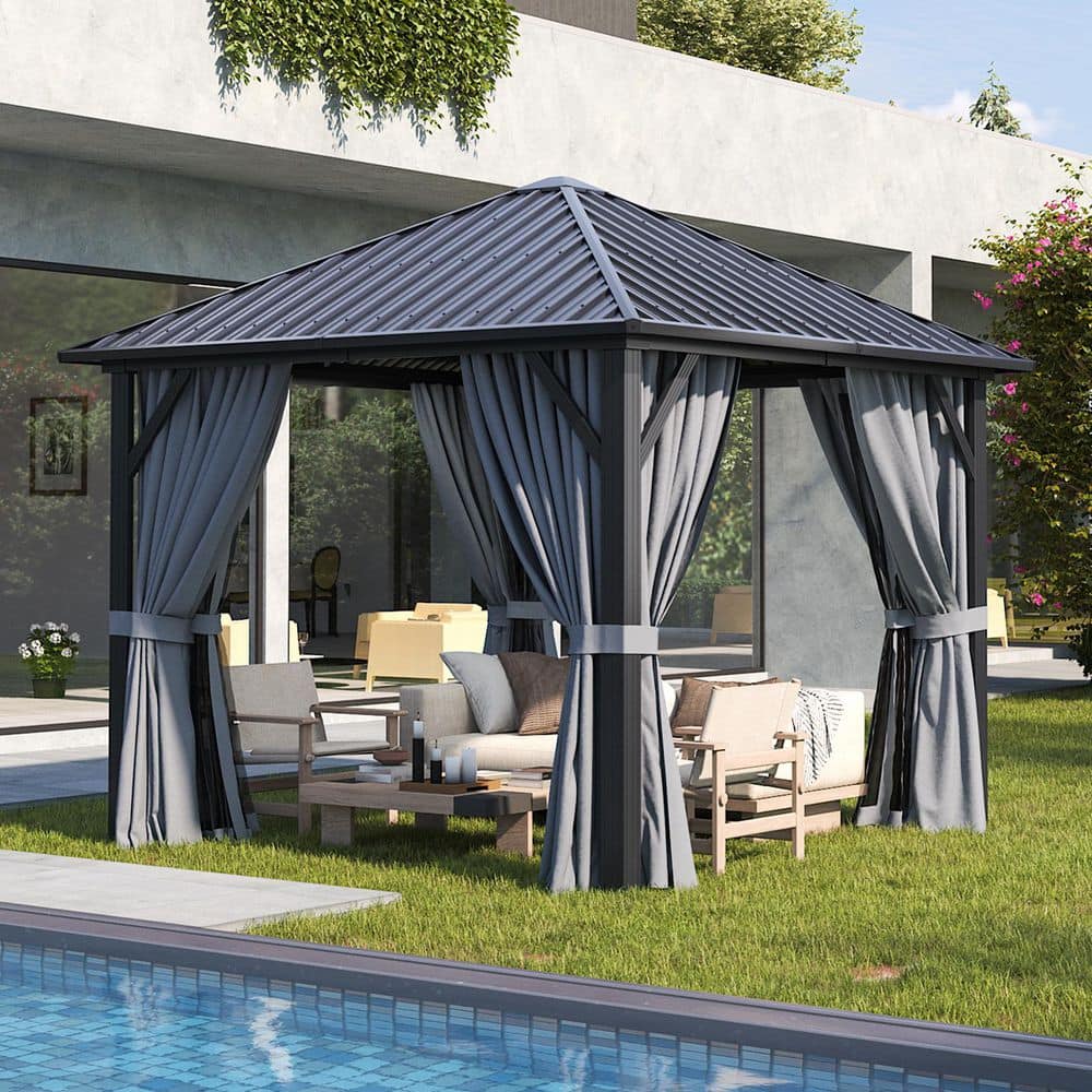 10 ft. x 10 ft. Outdoor Galvanized Steel Hardtop Gazebo, Aluminum Frame Gazebos with Ceiling Hook, Curtains and Netting price history on PriceWatchPro