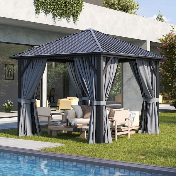 10 ft. x 10 ft. Outdoor Galvanized Steel Hardtop Gazebo, Aluminum Frame Gazebos with Ceiling Hook, Curtains and Netting