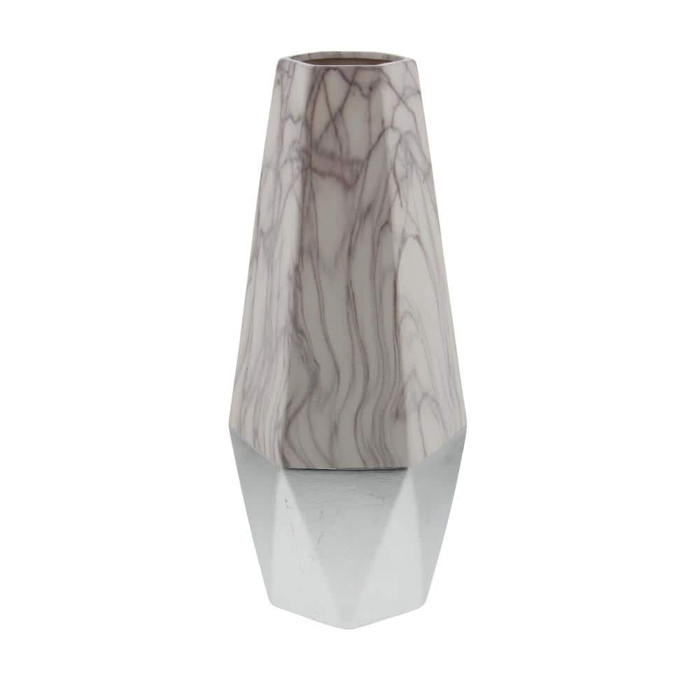 18" Gray and White Faux Marble Ceramic Decorative Vase with Silver Base