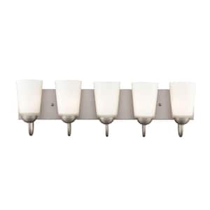 Ivey Lake 27 in. 5-Light Satin Nickel Bathroom Vanity Light with Etched White Glass Shade